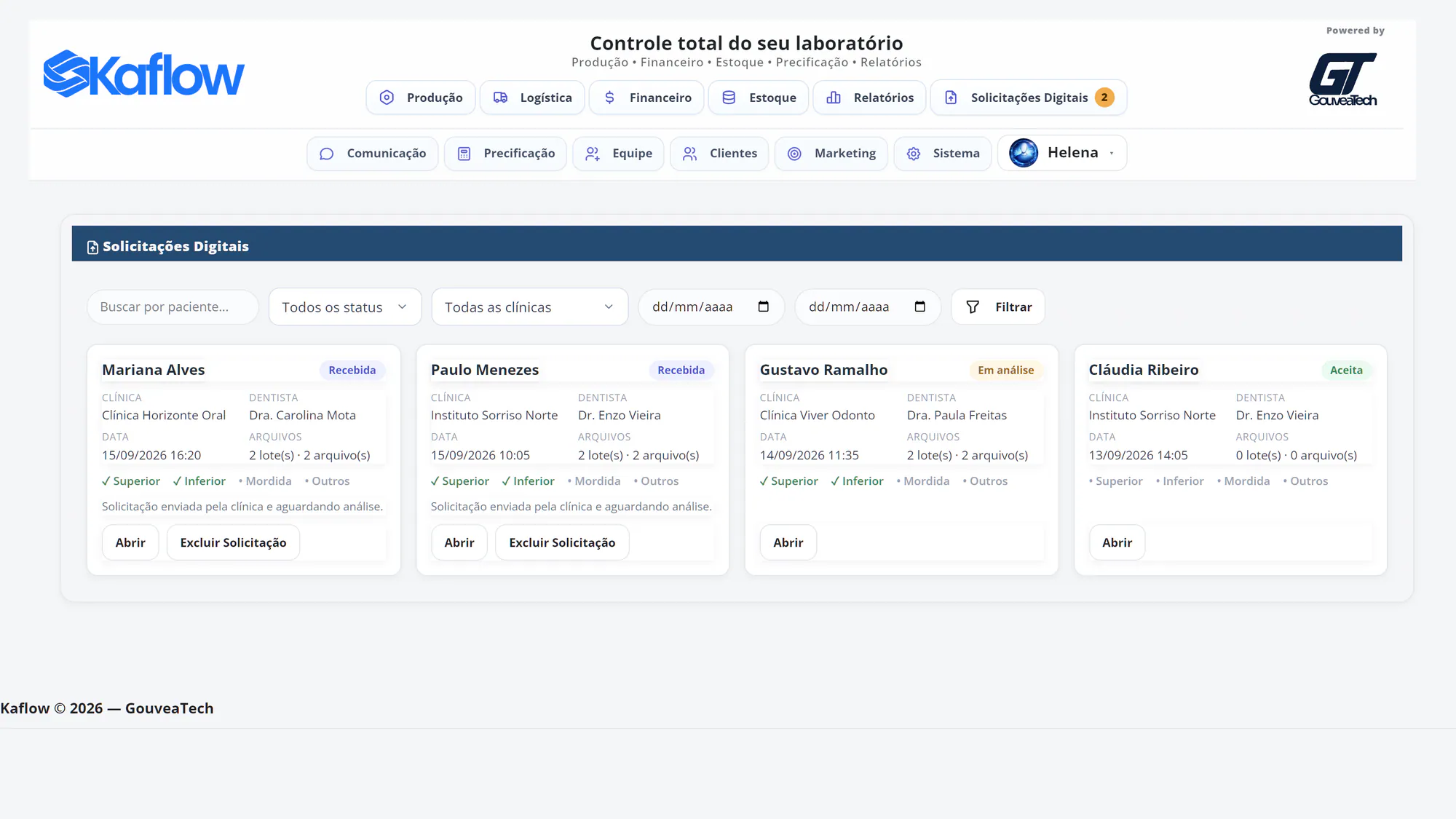 Caixa de Solicitações Digitais do laboratório com solicitações de clínicas nas situações Recebida, Em análise e Aceita, mostrando paciente, clínica, dentista, data e arquivos enviados.